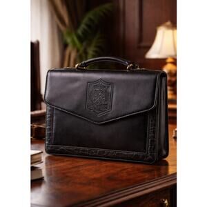 Vintage Belle Rose Black Leather Structured Top Handle Briefcase Bag